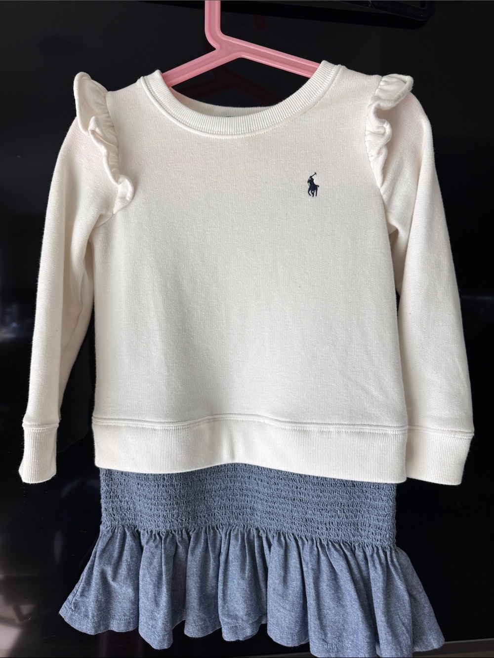 Ralph Lauren Cream Ruffle-Shoulder Sweatshirt with Navy Pony